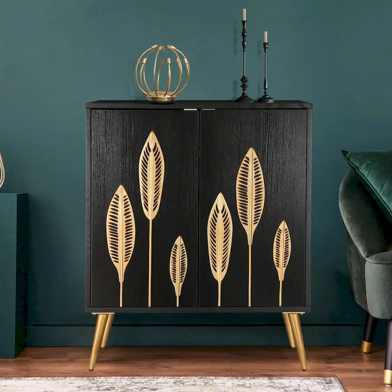 Bahut d'appoint 2 portes Mid-Century Modern avec étagère dorée antique